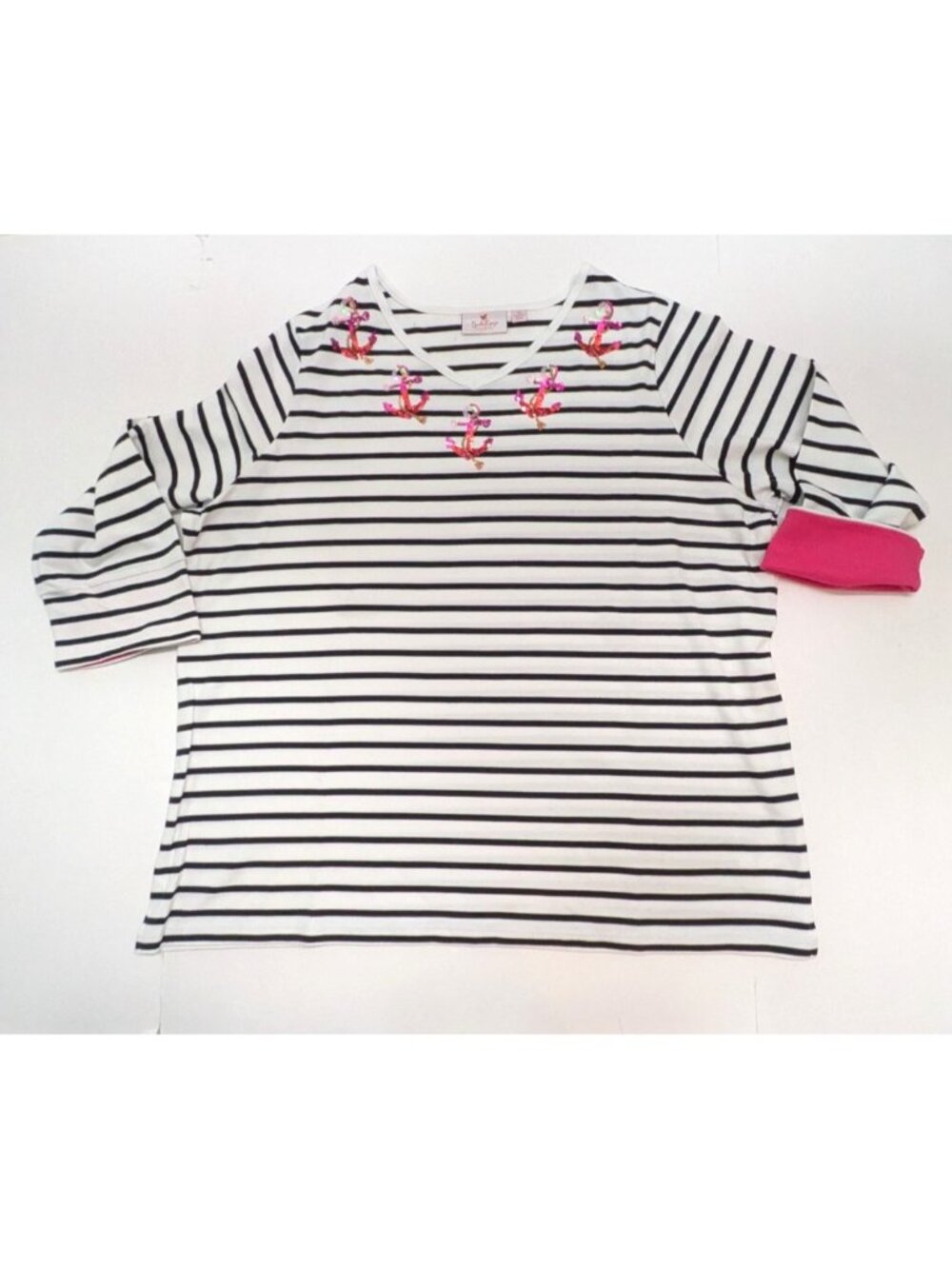 Quaker Factory White Striped Anchor Sequin 3/4 Sleeve Shirt Nautical Womens 2X